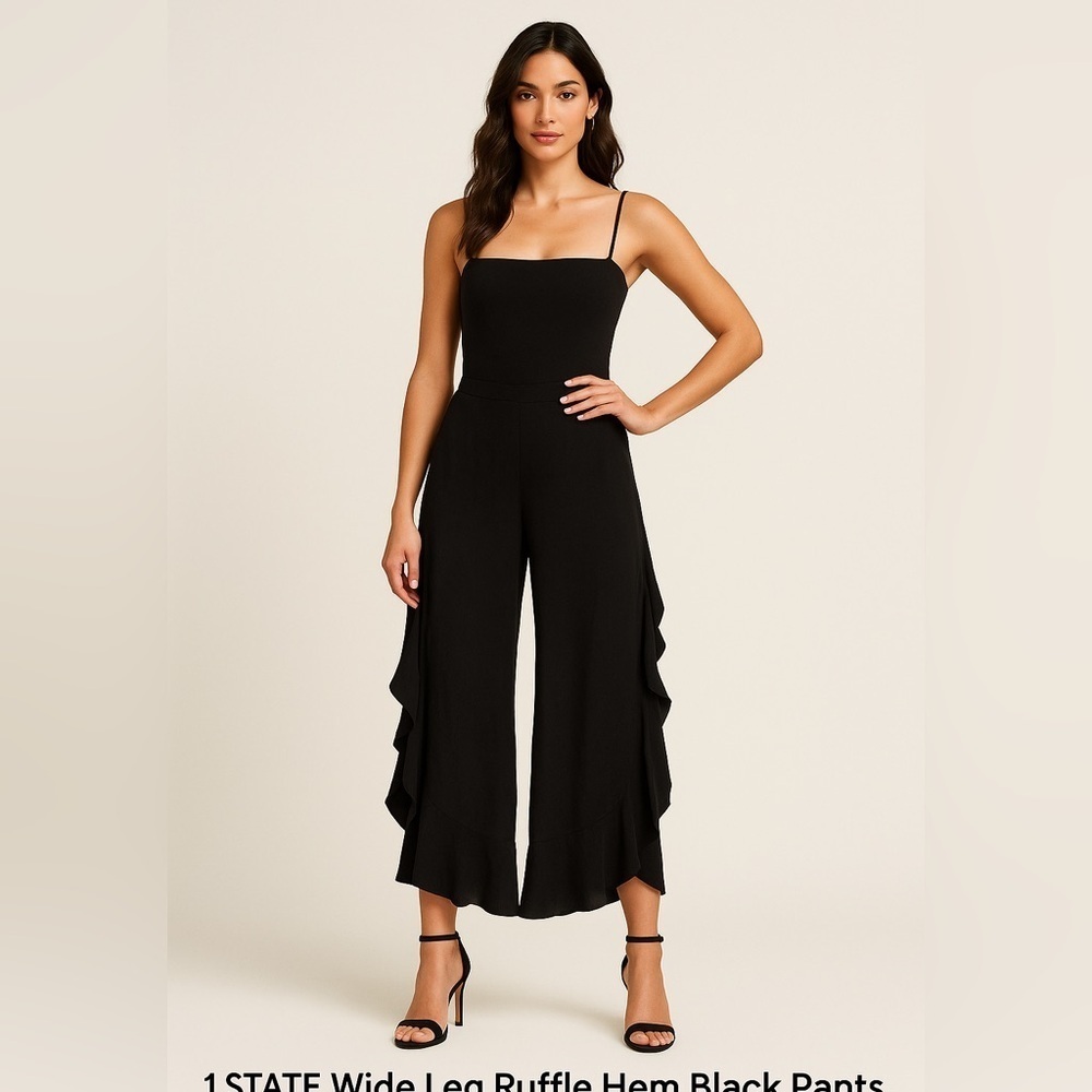 1.STATE Wide Leg Ruffle Hem Black Pants